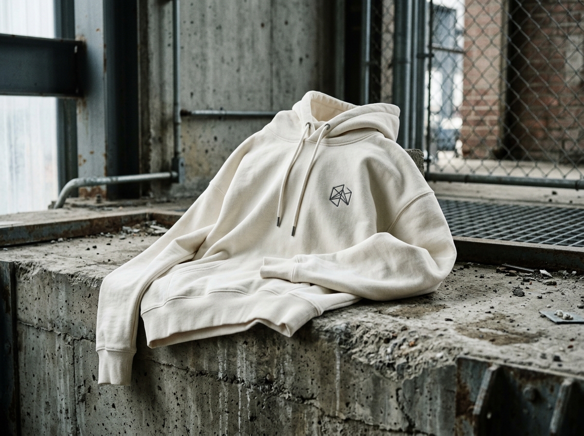 Cream oversized hoodie with embroidered logo in urban industrial setting for Meridian Capital