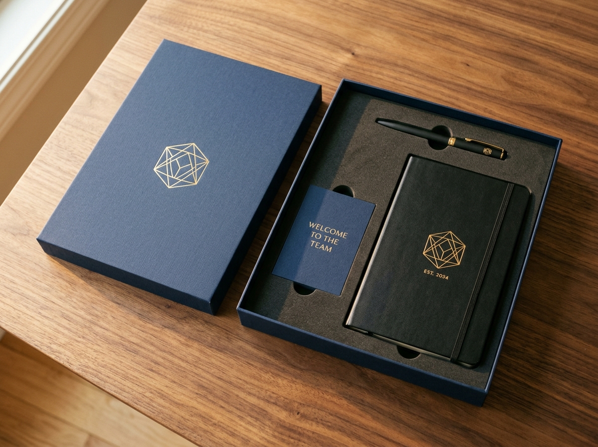 Premium navy welcome kit gift box with notebook and pen on walnut wood for Vertex Fund